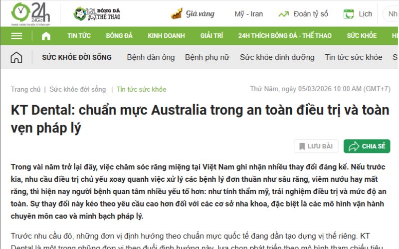 bài viết về chuẩn mực Australia tại KT Dental trên báo 24h